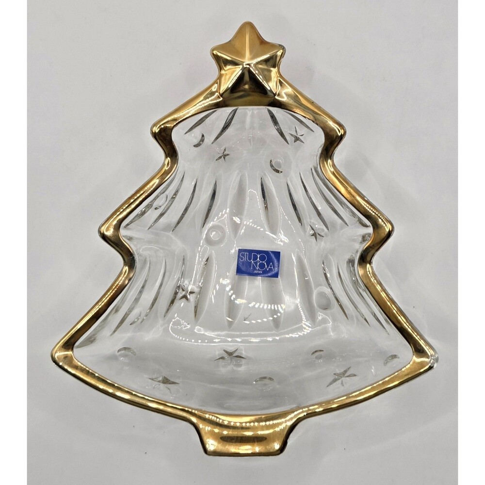VTG Studio Nova Yuletide Spirit Gold Trim Christmas Tree Shaped Glass Candy Dish